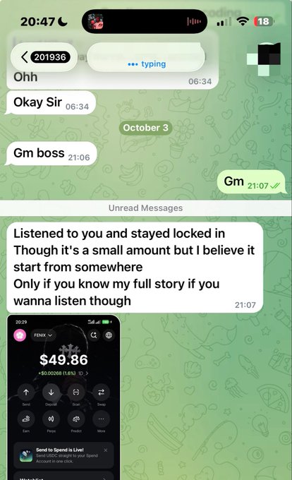 A WhatsApp conversation screenshot shows a brief chat where the sender acknowledges instructions ("Ohh, Okay Sir") and greets their "boss," followed by a long unread message expressing interest and asking to be heard out. Below the chat, a Robinhood portfolio displays FENIX at $49.86, down 1.62%, illustrating the web3 trading income referenced in the post about helping people earn through grind calls.