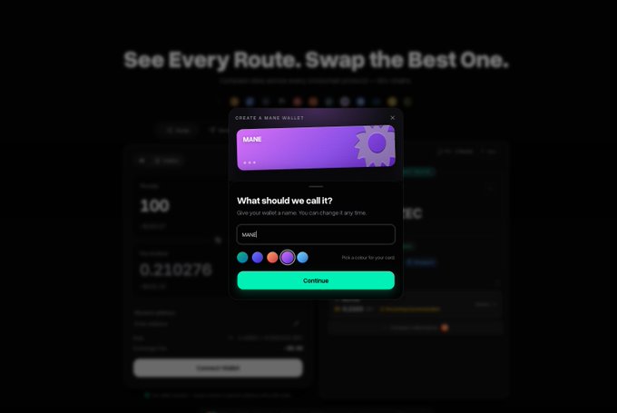 The same dark 'See Every Route' webpage displays a 'Create a Mana Wallet' dialog where the wallet name has been changed to 'wow' and the color selection is purple.