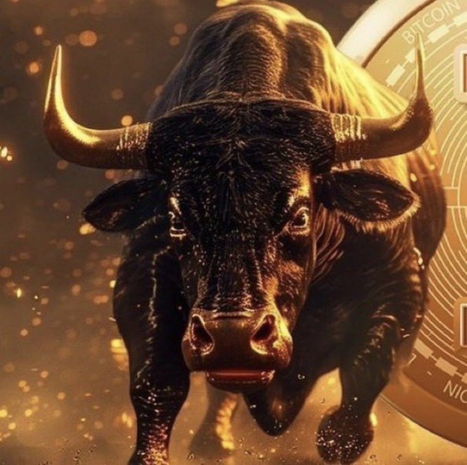 A powerful charging bull rendered in dramatic gold lighting symbolizes bullish market momentum, positioned alongside a Bitcoin coin displaying "BITCOIN" — visually reinforcing the "BULLS ARE COMING" message of an imminent crypto rally.
