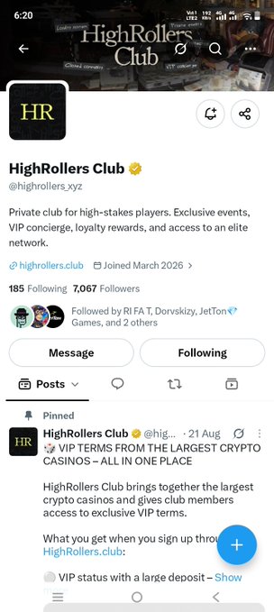 A Twitter/X profile page for HighRollers Club (@highrollers.xyz), describing a private club for high-stakes crypto players with VIP terms.