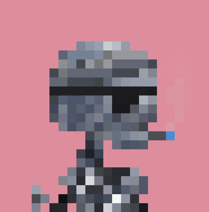 A pixel art profile picture featuring a gray, robotic figure with a black visor against a pink background, matching the "New pfp!" announcement from the Argonaut #2210 NFT collection. The blocky, digital aesthetic complements the pixelated art style typical of NFT profile pictures.