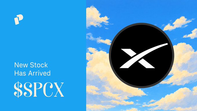 A stock-themed graphic shows a black circular logo with a white X over clouds and the text “New Stock Has Arrived $SPCX.”