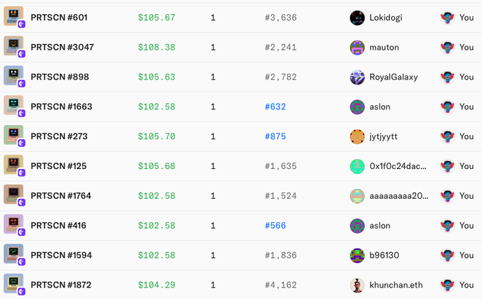 A screenshot of a NFT collection page for PRTSCN by @cruelhandeth, displaying 10 acquired NFTs with prices ranging from $102.58 to $108.38 and edition numbers like #01, #3047, #98, #1663, #273, #125, #1764, #416, #1594, and #1872, purchased from various sellers including Lokidogi, mauton, RoyalGalaxy, aslon, jytjyrytt, 0x1f0c24dac..., aaaaaaaa20..., and b96130.