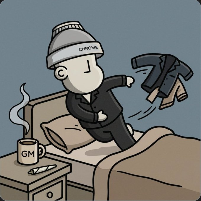 A cartoon illustration of a small grey figure wearing a beanie labeled 'CHROME' and a black jacket, jumping out of bed while throwing a shirt toward a mug labeled 'GM' on a nightstand.