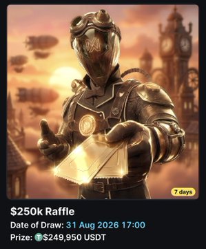 A steampunk-themed figure in brass goggles and armor holds a glowing golden envelope against a sunset sky with floating ships and clockwork towers, promoting a "$250k Raffle" with a draw date of 31 Aug 2026 at 17:00 and a prize pool of $249,950 USDT. The "7 days" badge and steampunk aesthetic visually reinforce the MetaWin raffle campaign, where players earn entries simply by logging in to be among 25 winners.