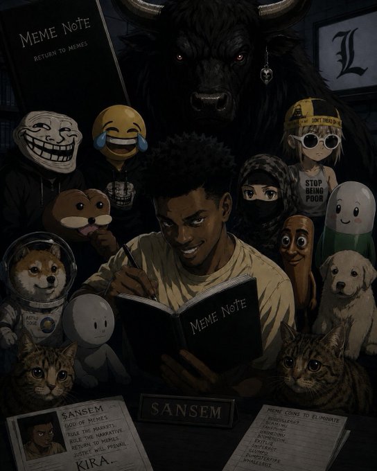 An artistic illustration titled 'MEME NOTE: RETURN TO MEMES' features 'SANSEM' writing in a notebook, surrounded by various internet meme characters including a Trollface, Doge, Pepe the Frog, and a grim reaper figure.