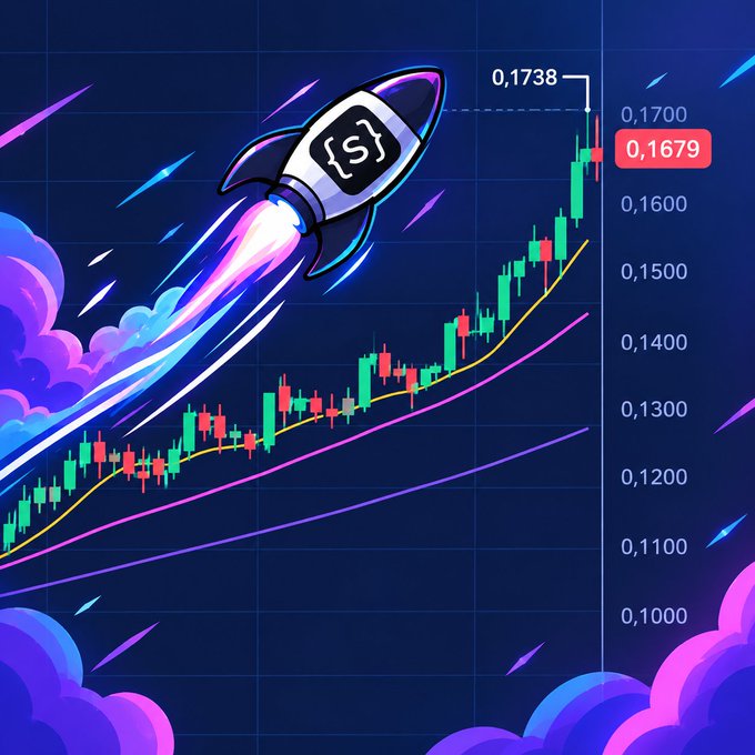 A stylized crypto chart image featuring a rocket with an 'S' logo blasting off alongside green and red candlesticks, with price values ranging from 0.1000 to 0.1700 and a marked point at 0.1679/0.1738.