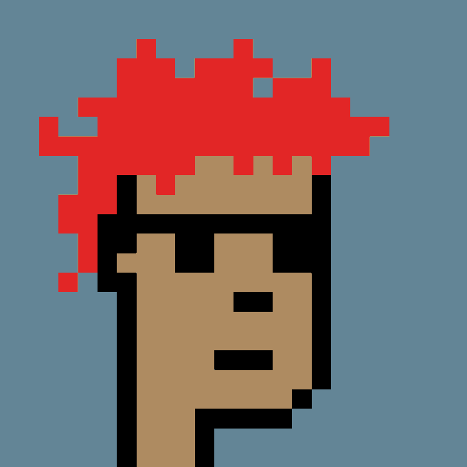 A pixel art illustration of a person's head with red hair in a spiky style, shown in profile against a solid blue background.