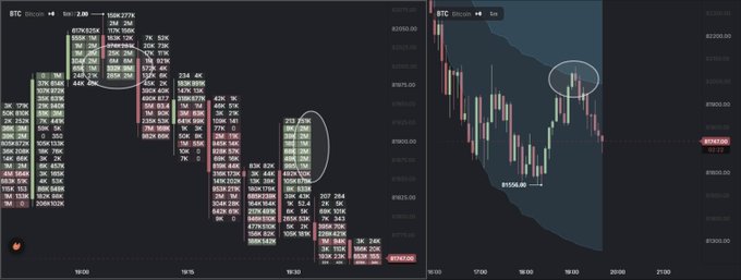 A financial chart displaying Bitcoin (BTC) price action with order book data, showing a downtrend with notable dips on the left and a candlestick chart on the right.