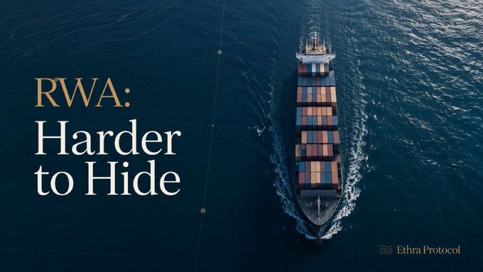 An aerial view of a cargo ship at sea with the text 'RWA: Harder to Hide' and the Ethra Protocol logo.