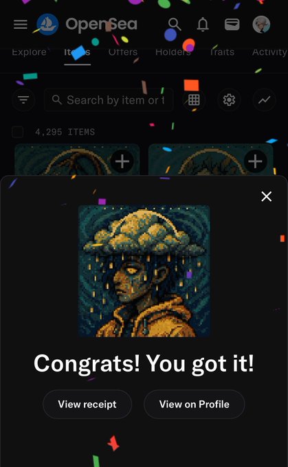 An OpenSea mobile app screenshot shows a pixel art NFT of a crying figure under a rain cloud, with a 'Congrats! You got it!' message and 'View receipt' and 'View on Profile' buttons.