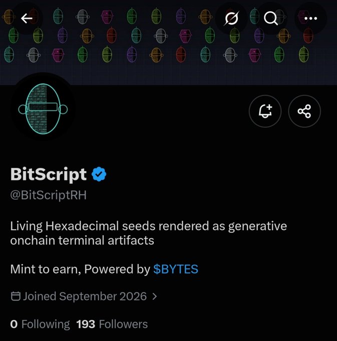 A Twitter/X profile screenshot for 'BitScript' (@BitScriptRH), described as 'Living Hexadecimal seeds rendered as generative onchain terminal artifacts, Mint to earn, Powered by $BYTES', showing 193 followers.