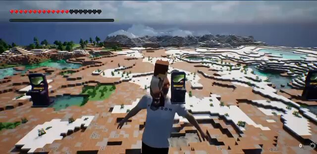 The image shows a person wearing a white shirt standing in front of a computer screen, with their arms outstretched as if they are about to jump into an action-packed video game or movie scene. The background features a desert landscape with mountains visible in the distance and water nearby. There is also a small boat floating on the water near the mountains.