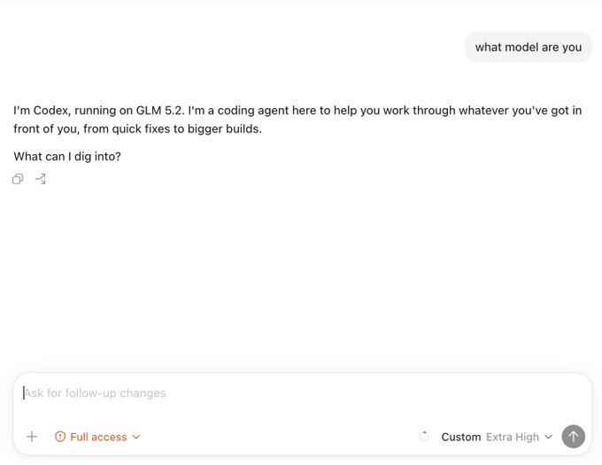 A screenshot of an AI chat interface showing Codex stating "I'm Codex, running on GLM 5.2" in response to a user asking "what model are you," confirming the post's claim about the model powering Codex.