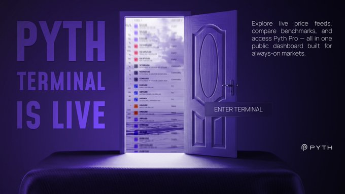 The image features a purple door with an open panel, revealing a table underneath. The text "Pyth Terminal is live" is displayed above the door, indicating that the terminal is currently accessible for use by the public. Below this, there are several rows of text providing information about the terminal's features and benefits.