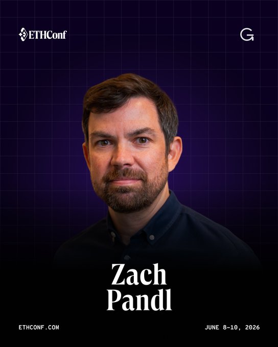 The image features a man with a beard wearing a black shirt against a purple background. The text "Zach Pandl" is written below his photo. The caption of the image reads, "Grayscale Head of Research, @lowbeta .", which suggests that the man might be an expert in his field or has made significant contributions to research. The post also mentions that the event takes place at the Javits Center in NYC on June 8-10 and is scheduled for 9:00 am - 4:00 pm.