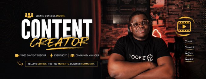 Promotional graphic for a 'CONTENT CREATOR' (Video Content Creator, Event Host, Community Manager) featuring a man in a black 'TOOFE' t-shirt with the tagline 'Create. Connect. Inspire. Impact'.