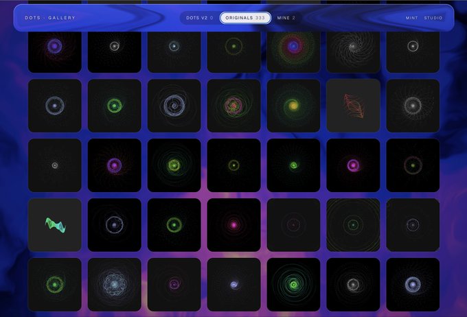 Screenshot of a 'DOTS · GALLERY' interface displaying a grid of circular dot patterns labeled 'DOTS V2 0', 'ORIGINALS 333', and 'MINE 2' under 'MINT STUDIO'.