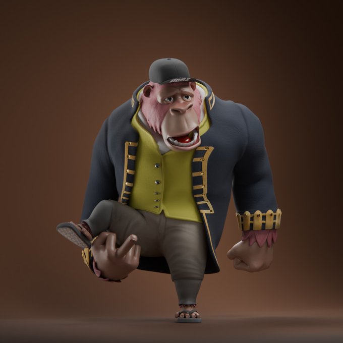 A 3D-rendered anthropomorphic pink gorilla character wearing a navy blue coat, yellow vest, and cap, standing against a brown background.