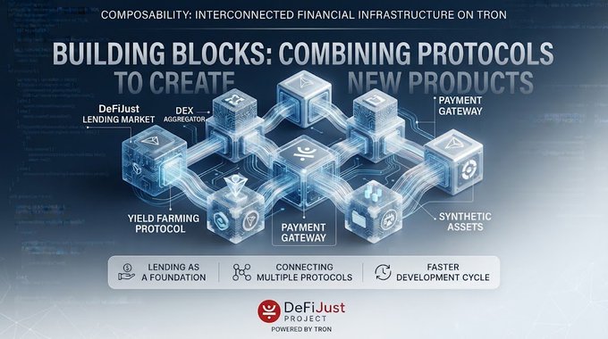 The image illustrates DeFiJust Project's composability concept on the TRON blockchain, showing interconnected cubes labeled with components like "DeFiJust Lending Market," "DEX Aggregator," "Payment Gateway," "Yield Farming Protocol," and "Synthetic Assets." It emphasizes how these protocols serve as building blocks that can be combined to create new financial products, aligning with the post's message about DeFi's modular and interoperable nature.