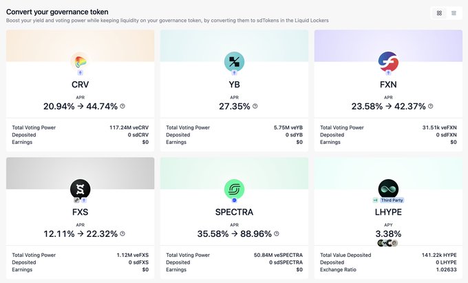 A webpage titled "Convert your governance token" displays various token options (CRV, YB, FXN, FXS, SPECTRA, LHYPE) with their APR rates and voting power details.