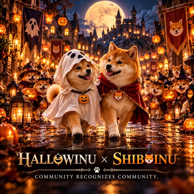 A Halloween-themed promotional image for 'Hallowinu x Shibainu' shows Shiba Inu dogs in costumes (a ghost and a vampire) in a festive setting with the text 'COMMUNITY RECOGNIZES COMMUNITY.'