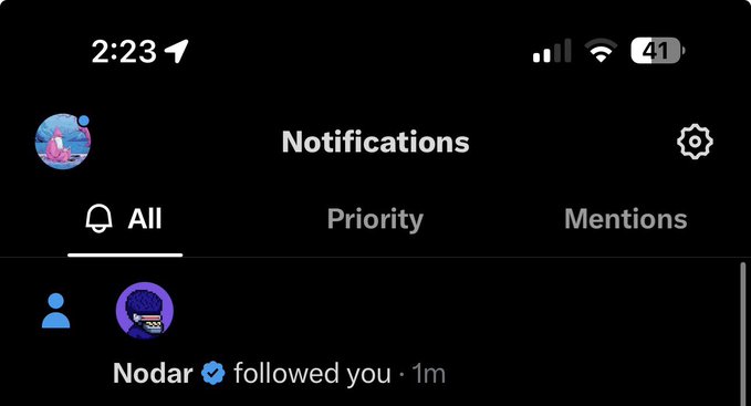 A mobile phone screenshot showing a notifications feed displaying a follow from a verified user named 'Nodar' one minute ago.