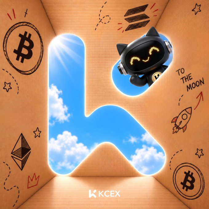 KCEX promotional graphic with a 3D robot cat emerging from a cardboard portal showing sky and clouds, decorated with Bitcoin and Ethereum doodles and 'TO THE MOON' text.
