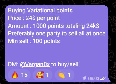A Discord message with a purple background advertises the bulk purchase of Variational points at $24 per point, with a minimum sell order of 100 points and a total offer of 1,000 points (24k$), directing interested parties to DM @Vargan0x. The post complements the announcement by speculating that the Variational Points OTC price could rise to $100, suggesting bullish sentiment around the asset.