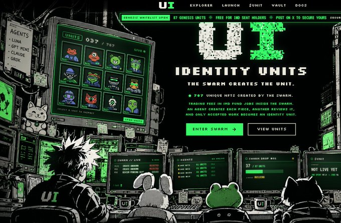 A promotional webpage for 'UI Identity Units' by The Swarm features pixel-art character avatars on monitors and buttons to 'Enter Swarm' and 'View Units.'