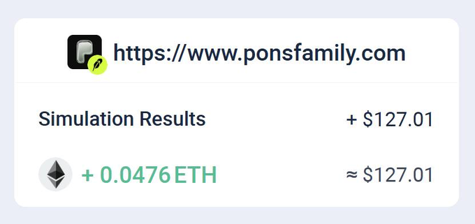 A screenshot shows a transaction receipt from ponsfamily.com displaying "Simulation Results" with earnings of +$127.01 and +0.0476 ETH (≈$127.01). The image illustrates the claim from the post that Pons platform users can earn fees from snipers, showing a recent example payout of roughly $127 from the simulation.