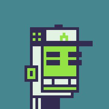 A pixel art illustration of a green and white character or device with a simple geometric design on a teal background.