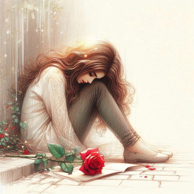 Soft, melancholic illustration of a girl with long brown hair wearing a white sweater, sitting with her knees pulled up and head down, with a red rose lying at her feet.