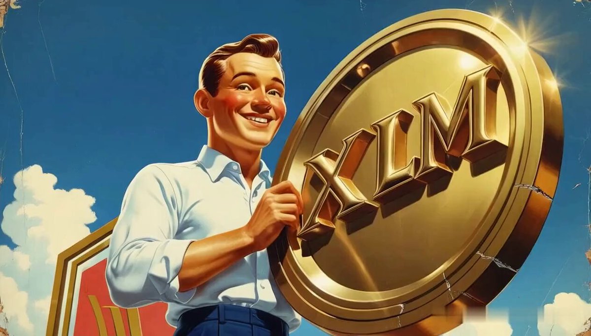 In this image, a man wearing a white shirt stands next to a gold coin with "XLM" written on it. He is holding onto the coin, which appears to be golden and shiny, adding an element of luxury or success to the scene. The context suggests that the coin might hold some value, possibly related to money or wealth.