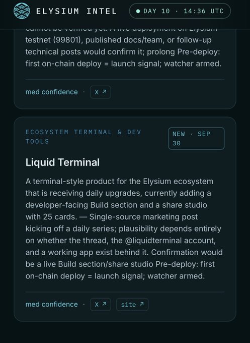 The image is a screenshot from Elysium Intel (dated DAY 10, 14:36 UTC) listing ecosystem projects including an undefined Builder and the "Liquid Terminal" (Sep 30), a terminal-style product for the Elysium ecosystem with 25 cards and a planned Build section/share studio. It connects to the accompanying post by spotlighting the growing builder activity on the Elysium Hyperliquid testnet (elysium-testnet.vercel.app), highlighting Liquid Terminal as a developer-facing tool under development.
