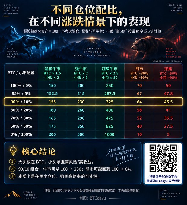 A Chinese-language infographic titled '不同仓位配比，在不同涨跌情景下的表现' showing how BTC/altcoin portfolio allocations (100/0 to 0/100) perform in bull, mild bull, strong bull, super bull, bear (-30%), and deep bear (-50%) market scenarios, with a 90/10 split highlighted and authored by BTCdayu.