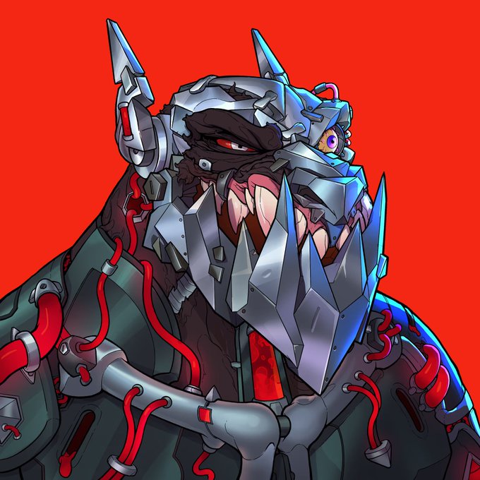 A digital illustration of a menacing cyborg or robotic gorilla character with exposed metal fangs, red cables, and glowing red eyes set against a red background.