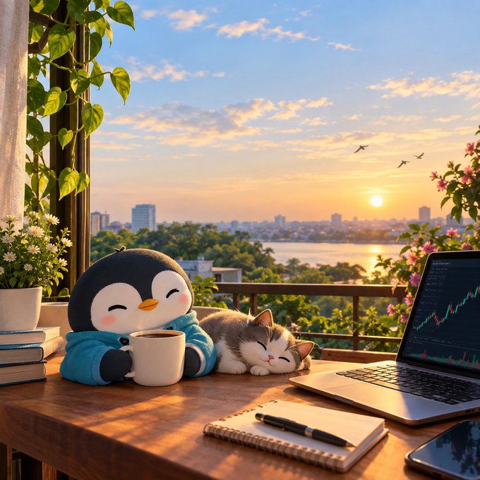 An illustrated scene shows a cute penguin plush and a sleeping kitten on a wooden desk beside a laptop displaying a stock chart, with a sunset over a city skyline and water in the background.