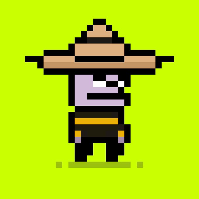 A pixel art character of a wizard or gnome with a large brown hat, purple skin, and an orange belt on a bright green background.