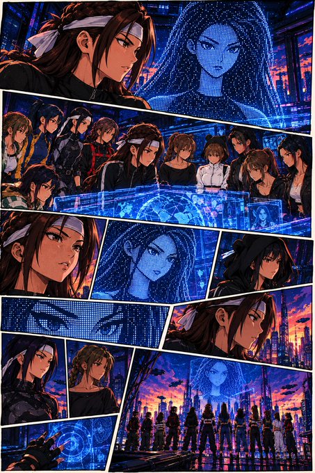 A collage of anime-style panels featuring characters with headbands in a futuristic setting, with a prominent glowing holographic figure shown in multiple frames.