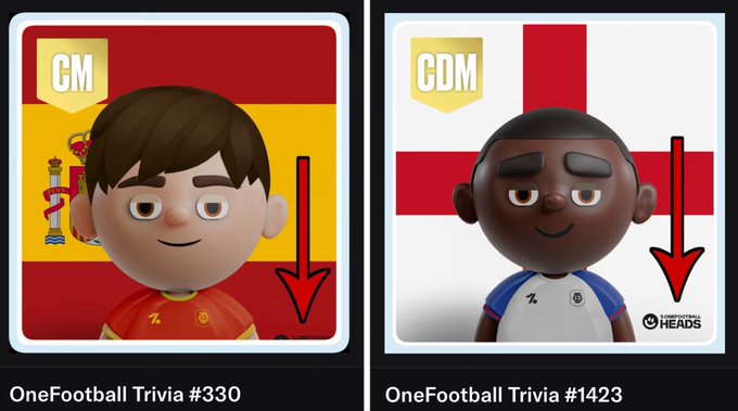 Two OneFootball Trivia cards: #330 featuring a Spanish player with CM position, and #1423 featuring an English player with CDM position, both with red arrows pointing downward.