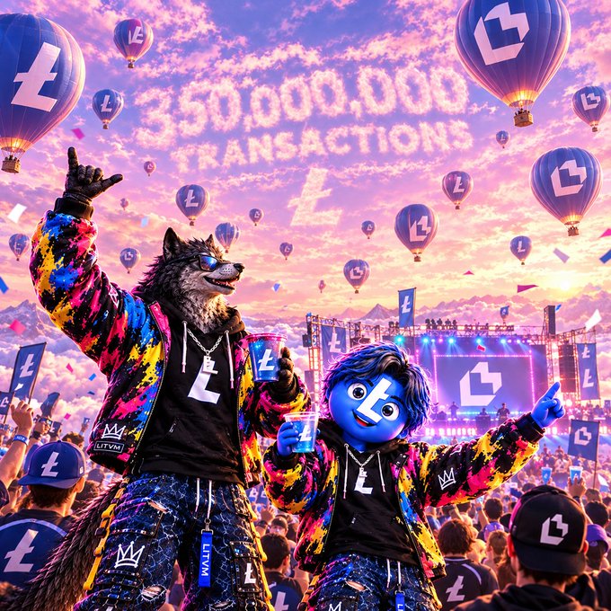 A vibrant, surreal digital artwork depicts a wolf-headed figure and a blue mascot celebrating at a festival, surrounded by crowds, balloons, and sky-borne text celebrating '50,000,000 TRANSACTIONS' for the 'L' cryptocurrency.