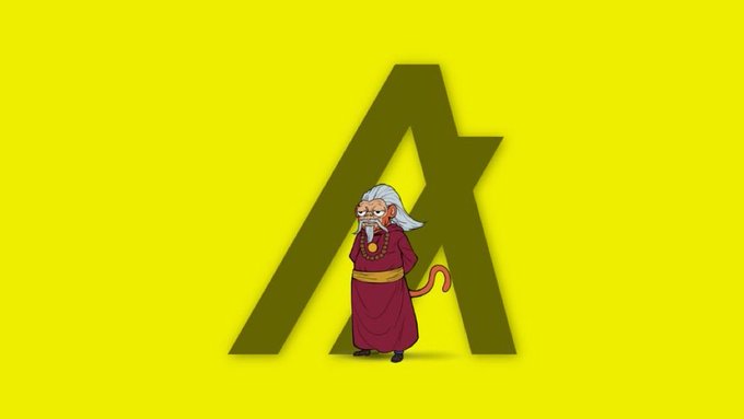 A cartoon character of a bearded sage with white hair wearing a maroon robe stands in front of a large dark olive letter "A" on a bright yellow background.