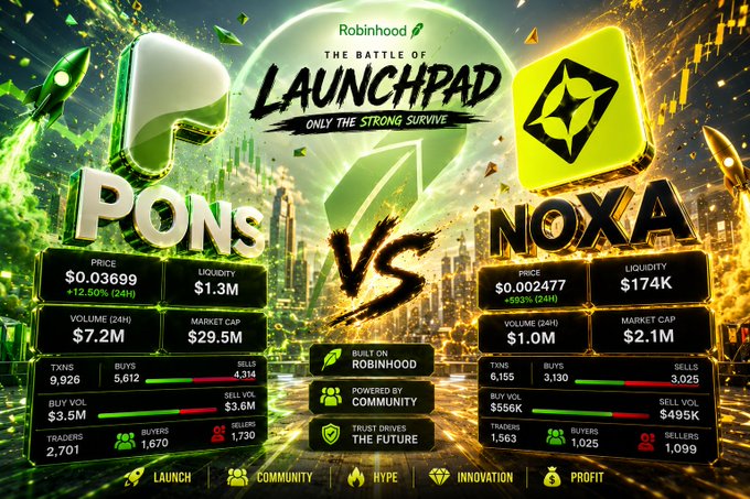A promotional graphic for 'The Battle of Launchpad' on Robinhood, comparing two tokens 'PONS' (price $0.03699, $29.5M market cap) vs 'NOXA' (price $0.002477, $2.1M market cap), tagged 'Only the Strong Survive'.