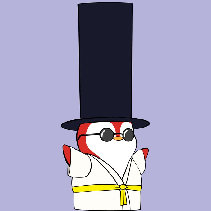 An illustration of a penguin-like character wearing a tall black top hat, round sunglasses, and a white robe with a yellow belt.