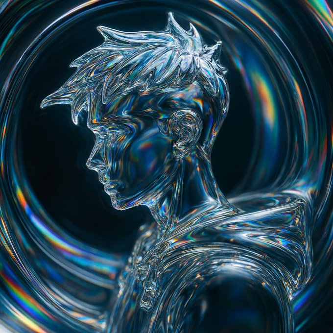 A stylized 3D render of a translucent, glass-like figure of a person with spiky hair, surrounded by colorful light refractions.