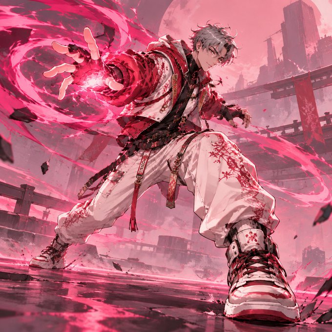 Anime-style artwork of a silver-haired character in white and red attire wielding glowing pink energy, set against a Japanese temple backdrop with a red moon.