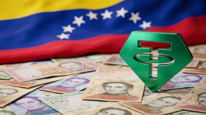 A green Tether (USDT) coin rests atop a spread of Venezuelan bolívar banknotes, with the Venezuelan flag waving in the background—visually representing the massive $1.389 billion in USDT transactions flowing through Venezuela's P2P markets, illustrating how the stablecoin has become a critical financial lifeline amid the country's economic crisis.