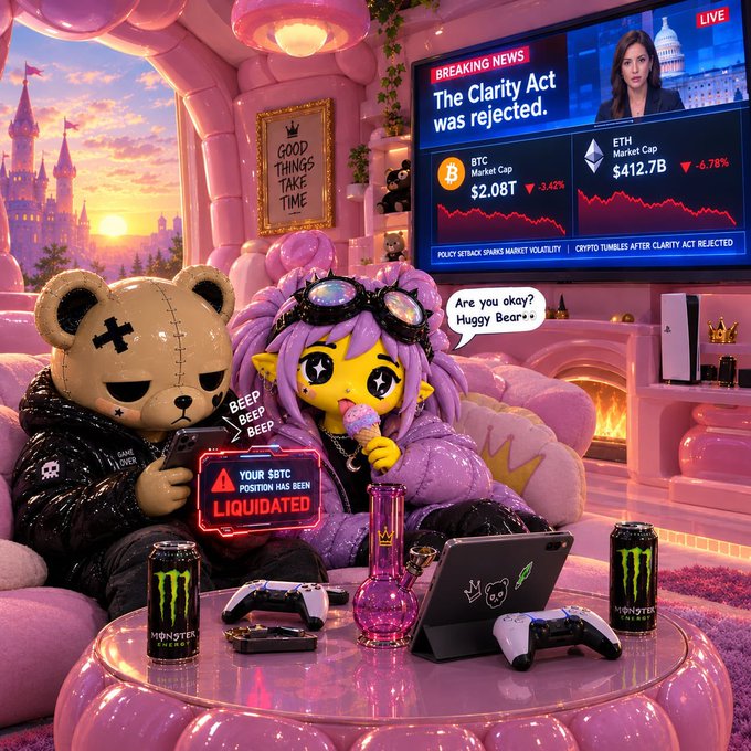 A detailed digital artwork depicts a pink-themed room with a stitched-up teddy bear and a purple-haired anime-style character with a lollipop, while a TV displays 'BREAKING NEWS: The Clarity Act was rejected' and a 'LIQUIDATED' warning for an SBTC position.