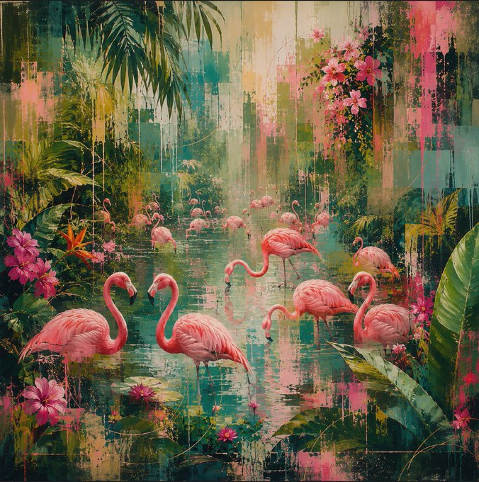 A vibrant painting depicting pink flamingos in a lush tropical water setting surrounded by tropical foliage and pink flowers, rendered in an abstract, textured style.